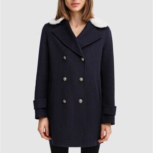 Belle & Bloom Liberty Sherpa Collar Wool Blend Navy Double Breasted Pea Coat NWT
